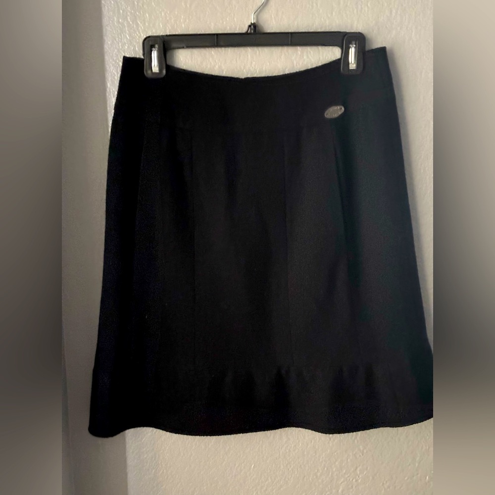 CHANEL Vintage Black Classic A-Line Skirt w/ Chanel Logo plaque & Ruffle/Pleat